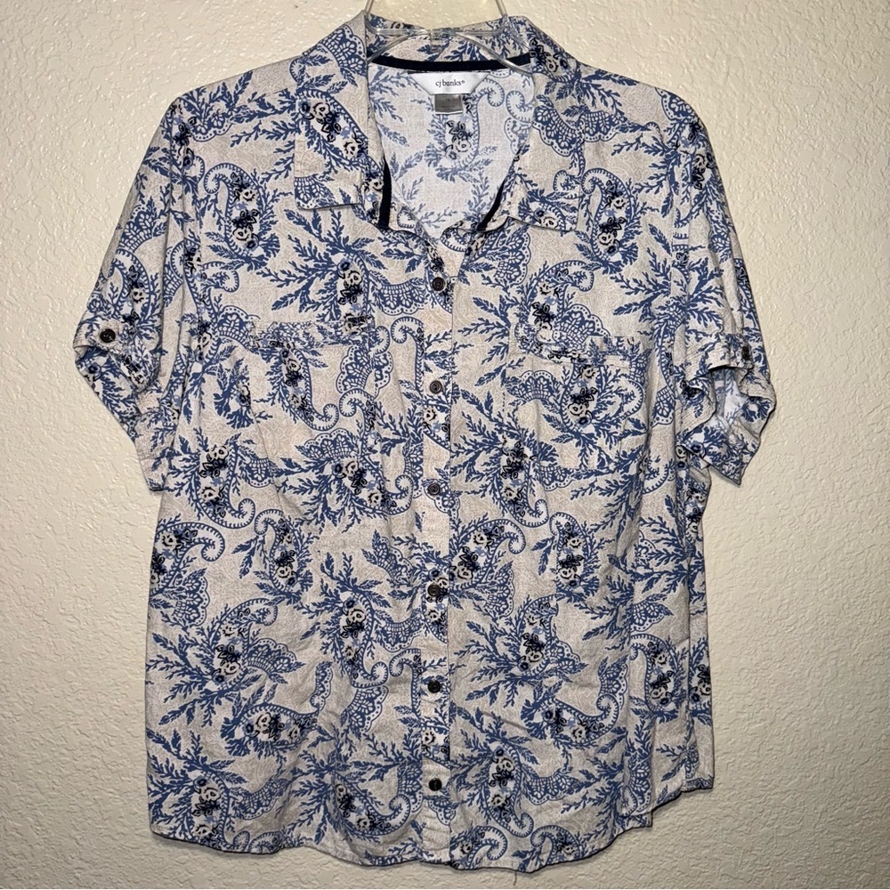 CJ Banks Button Down Shirt Women’s 1X Blue Paisley Boho Coastal Linen